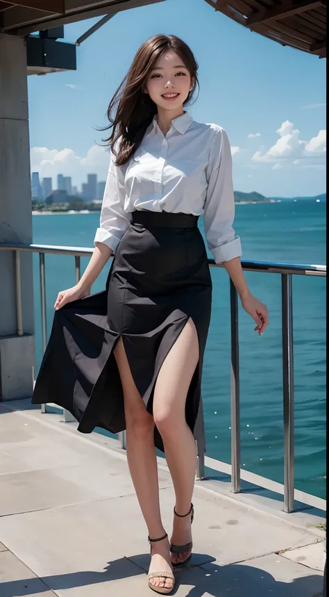 Smiling tall woman in skirt living in city with sea view，Masterpiece，best qualtiy，full body shot shot