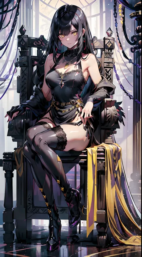 (best quality, highest, 16k, HD),full body, beautiful detailed eyes, sparkling eyes, masterpiece, 4k, high quality, highly detailed, detailed face, HDR, vivid colors, ((evil look)), queen, natural lighting, ((sit on a throne)), ((lace  clothes)), amazing b...