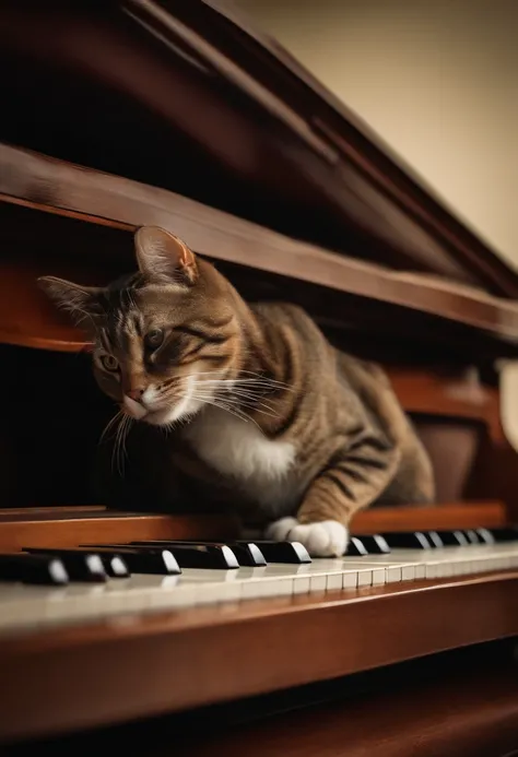 imagem de um gato usando botas e utilizando um piano