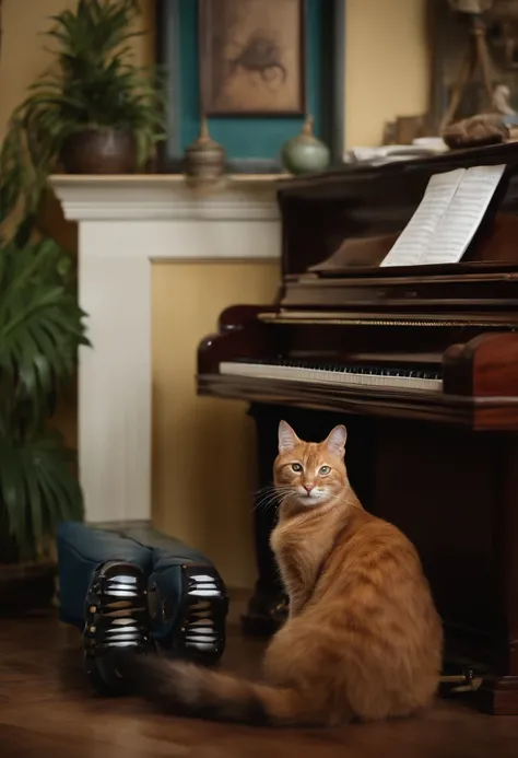 imagem de um gato usando botas e utilizando um piano