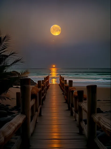 Alafid view of the beach，With a wooden walkway to the sea, walking towards the full moon, looking at the full moon, beautiful moon light, sandy white moon landscape, stunning moonlight and shadows, night time moonlight, moonlit night dreamy atmosphere, Ful...