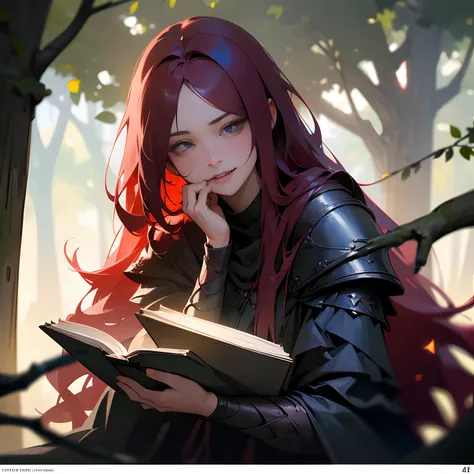 A girl with long red flowing hair, Wear a black blindfold to cover one eye, The other eye is blue, Wears black lightweight armor, Draped in a long red cloak, Fangs on the mouth, Against the background of ruins, Leaning against a tree and reading a book. (B...