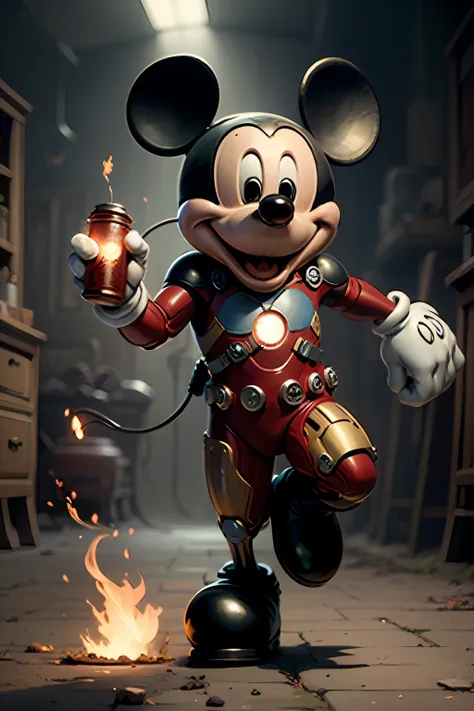 mickey wearing a ironman suite, blue light