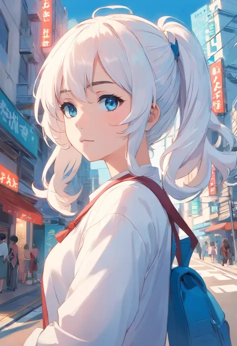 white color hair，Double ponytail curls，blue color eyes，White Lolita，Beth，A bustling city street