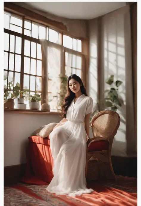 femme asiatique, in light clothing. assis sur un lit dans une chambre sombre, au premier plans ces pieds