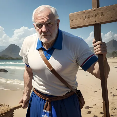 Ex-Glasgow Rangers manager Walter Smith closely resembling Moses from the Bible holding a wooden staff, imagem bem realista, ultra detalhada, perto de um rio, ambiente que se assemelhe a um deserto