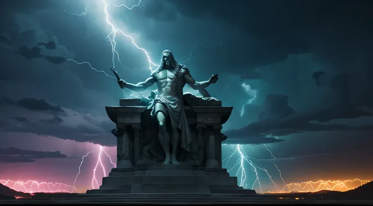 (Neon lightning around the head:1.1), monumento, (Primer plano de la cabeza), epic scene of zeus, lightning bolts, foco nítido, fantasy, Arte conceptual, dynamic  lighting, epic composition, michaelangelo style