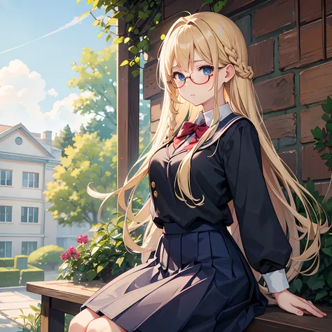 Blonde, single braid hair, blazzer, (big tits), solo, blush face, blue eyes, school uniform, long skirt, round glasses, standing pose, at school garden, sitting on branch, calm face