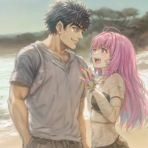 riamu,guts,couple,husband and wife,riamu ,love dovey couple,playng in beach