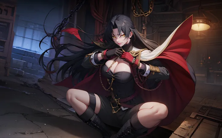 yellow eyes, forehead, chain,1girl, breasts, black_hair, belt, gloves, solo, cuffs, cup, handcuffs, large_breasts, sitting, shackles, cleavage, long_hair, looking_at_viewer, boots, black_gloves, chained, broken_chain, holding, bangs, pants, indoors, black_...