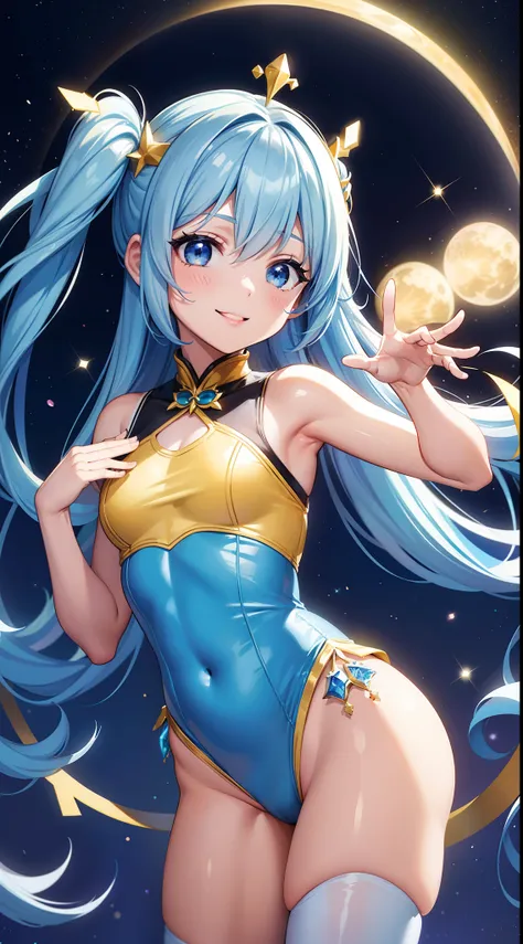 Super Idol　A charming smile、Blue Long Hair、Twin-tailed、Engaging pose、Yellow and white leotard costume、Crystal jade、constellation、a moon、Fantastic background、