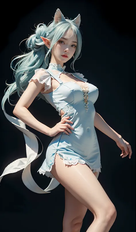 （Extremely normal body：2.0）Japan Highway：1 Elf beauty，White crop top top，(Elf long ears)，Light blue ultra-short hair，A bun，Blue-lace-trimmed maxi dress)，Long blue dress，Skirt that reaches the feet，White short stockings，Mary Jane low heels，two longer legs，N...