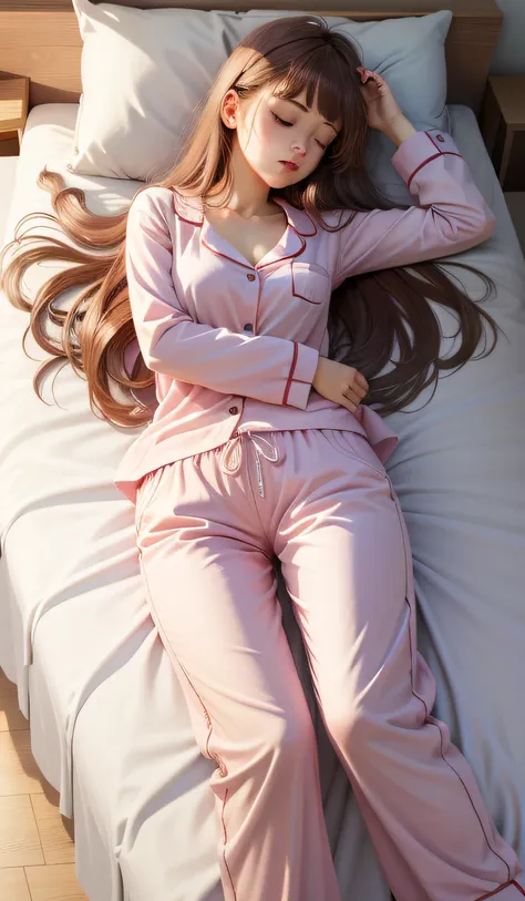 Sleeping girl, 22 years old, realistic, she is wearing long pants, she is wearing pink pajama, brown hair.