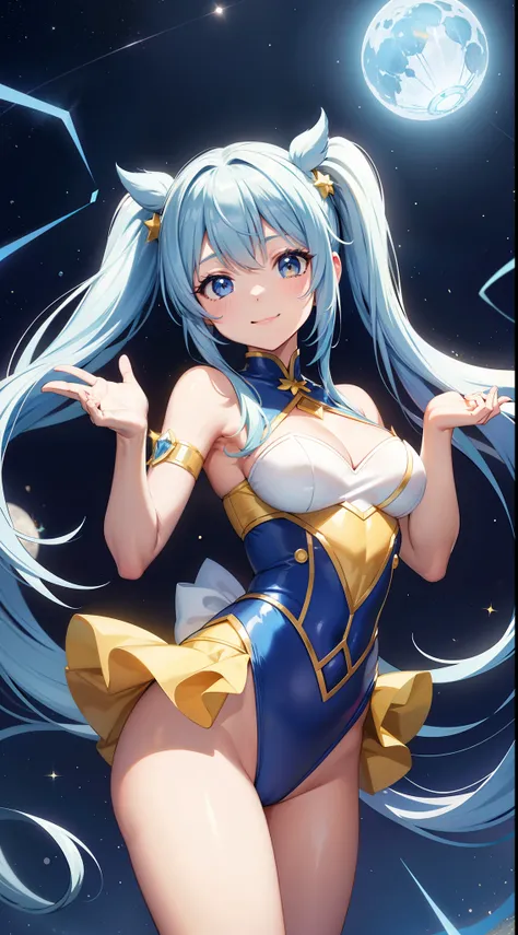 Super Idol　A charming smile、Blue Long Hair、Twin-tailed、Engaging pose、Yellow and white leotard costume、Crystal jade、constellation、a moon、Fantastic background、