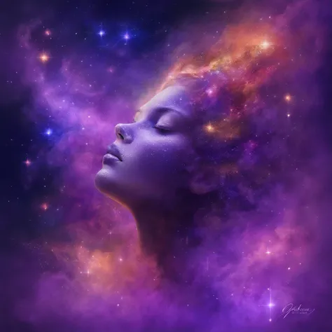 galaxias, space, Starcloud, stars, glitters, Smoke, (Girl shape), intricately details, rendering by octane, Ultra photo realsisim , rendering by octane, 8K, uplit ,Purple dream art