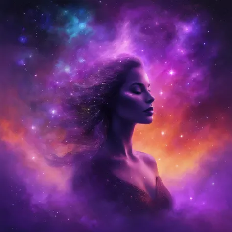 galaxias, space, Starcloud, stars, glitters, Smoke, (Girl shape), intricately details, rendering by octane, Ultra photo realsisim , rendering by octane, 8K, uplit ,Purple dream art