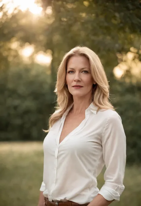 en chemise blanche debout dans un parc, Bilal Kuytul, Conception du logo, Anna Gunn the actress of Breaking Bad, a lage de 35 ans , very high quality, Baby skin, sans ride, American, sexy