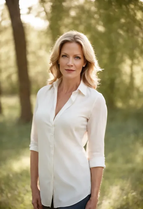 en chemise blanche debout dans un parc, Bilal Kuytul, Conception du logo, Anna Gunn the actress of Breaking Bad, a lage de 35 ans , very high quality, Baby skin, sans ride, American, sexy