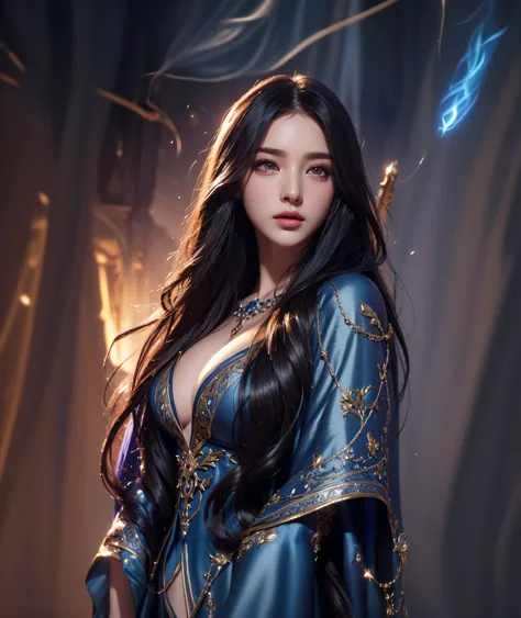 (sexy girl,Mages.,beautiful detail eyes,Beautifully detailed lips,long eyelashes,flowing dark hair),enchanting,A magical aura that shines.,Luxurious magic staff,Flowing magic cloak,Smoke effect,Mystical background,highres,ultra-detail,photorealistic portra...