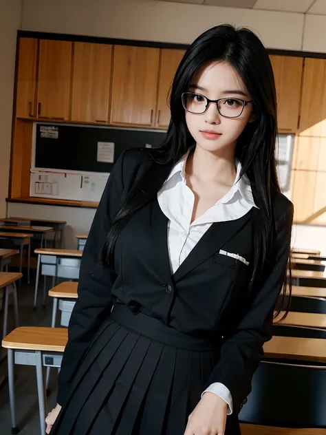 1girl, long black hair, black eyes, wearing school uniform, wearing glasses, classroom background, high res, 8k,