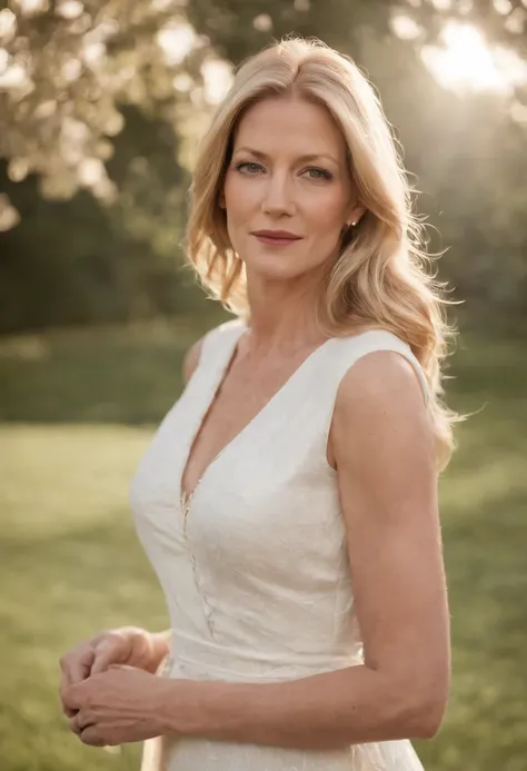 en chemise blanche debout dans un parc, Bilal Kuytul, Conception du logo, Anna Gunn the actress of Breaking Bad, a lage de 35 ans , very high quality, Baby skin, sans ride, American, sexy,  gros joux, gros sein