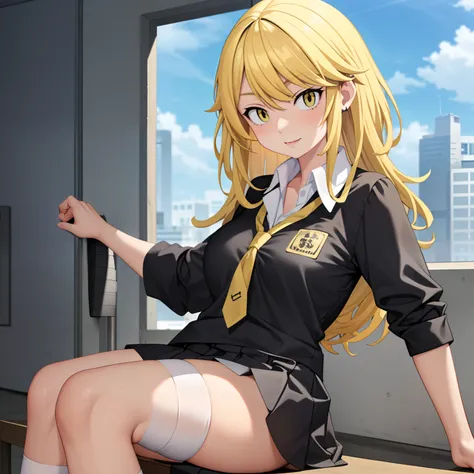 1 girl, blonde hair, bully, arrogant, arm bandaged, wearing school uniform, wear Leggu Uōmā