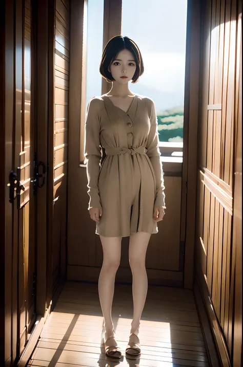 {{masutepiece, Best Quality, extremely details CG, Unity 8k壁纸, Cinematic lighting, }}, Sony α7, wide frame, 1 girl, Full body, 16yo girl、Soio, a short bob , long eyelashes ,