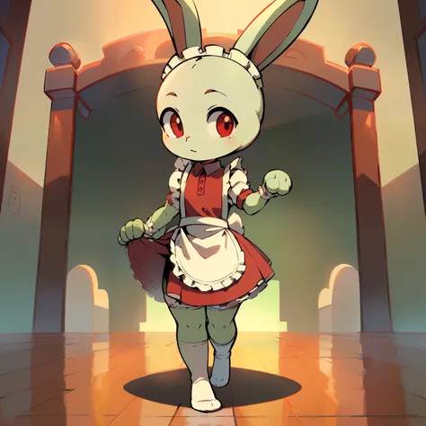 Best quality，Masterpiece，(Cartoony)，solo person，(Maid skirt)，((white stockings，White knee-length socks))，(Small loli，for 6 years old)，((bald-headed，rabbit Facial Features，rabbit Body Features，Pale green body))，((No ears，rabbitears))，Walking forward，red col...