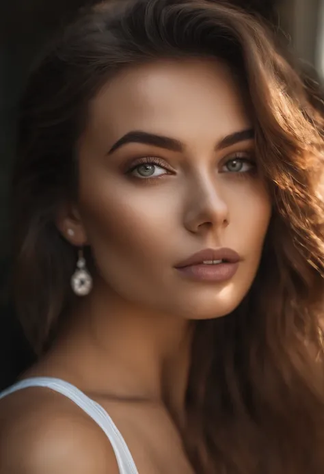 Alafed woman with white tank top and necklace, fille sexy aux yeux bruns, Portrait Sophie Mudd, cheveux bruns et grands yeux, selfie of a young woman, Yeux de chambre, Violet Myers, sans maquillage, maquillage naturel, looking straight at camera, Visage av...