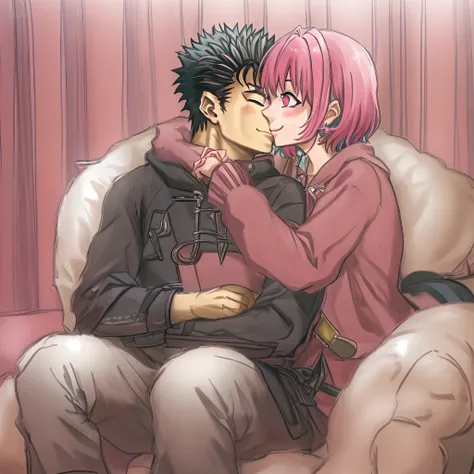 riamu,guts,couple,husband and wife,riamu ,love dovey couple,, sitting, hug, kiss, smile