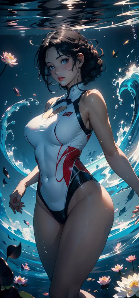 1female，35yo，plumw，extremely large bosom， 独奏，（Background with：ponds，Cherry blossom forest，lotus flower）Lie underwater， She has short black hair，standing on your feet，seen from the front， Twist braids， mostly cloudy sky，（（（tmasterpiece），（Very detailed CG un...