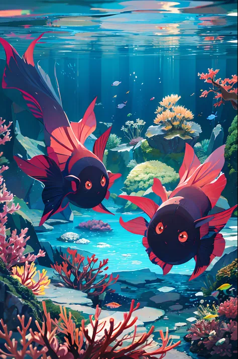 five robot betta fishes with long fin and tail swimming around in deep dark sea with corals around. anime, --auto --s2