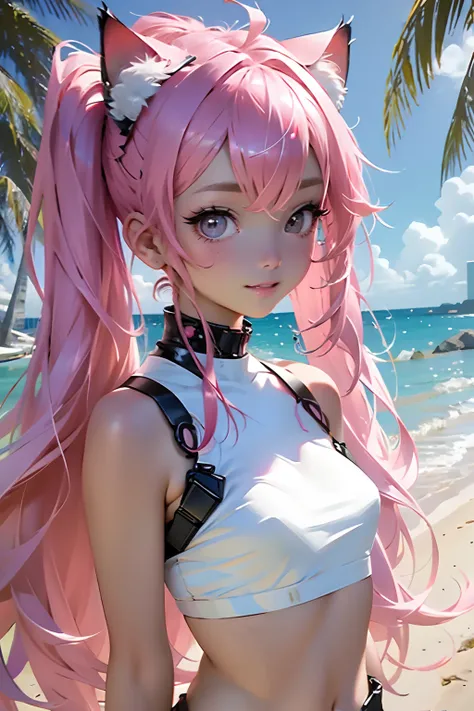 Beautiful woman pink twin tail long hair、cyberpunk style short clothes、Putting on cat ears、gazing at viewer、front facing、A slight smil、sea side、Palm trees