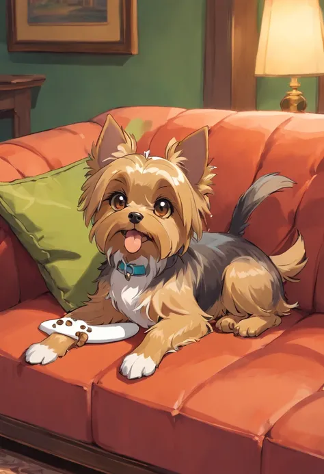 "a cute Yorkshire Terrier dog with a bone in his mouth, sitting on top of a couch, com uma sala de estar aconchegante como pano de fundo, (melhor qualidade, Altas