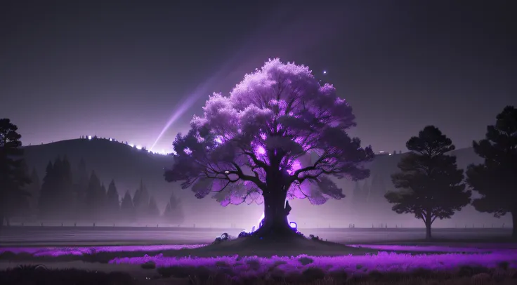 Bucolic and dark atmosphere, bioluminiscencia, Predominant purple color, Luces y sombras, Una cama vieja en el suelo, Un viejo diario sobre la mesa, Fantastic Dream, Holographic particles in the air, Detalles finos, Niebla colorida en el aire, 8k