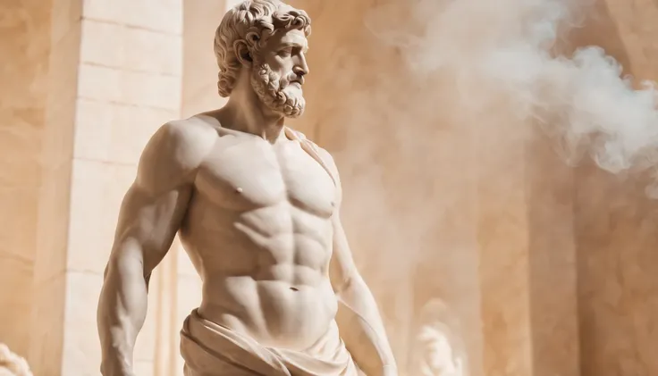 stoic greek statue, ((full body)), like gods Hercules, polished marble texture like porcelain shiny mirror brown color, 8k, cinematography, epic light and shadow image background colorful smoke.