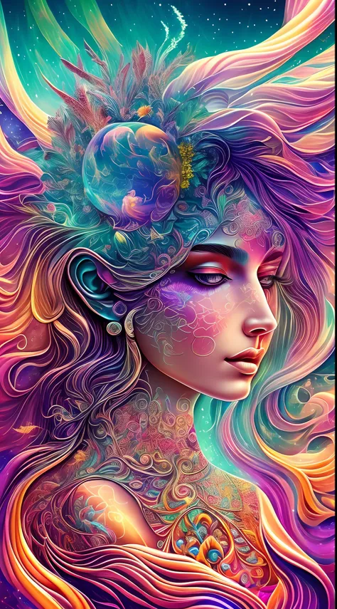 Diving Into The Ether Flowing with The Eternal Soul Through Vibration of love, everything is connected, Flowing energy, Spiritual, Divine, Dreamlike, cosmic, concept-art, mind blowing, Feminine beauty, God, pineal gland, DreamlikeArt