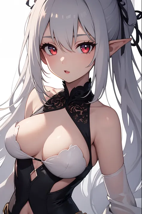 1girl, anime, cute girl, elf, blank background, white background, fantasy, detailed dark fantasy dress with highlights, beautiful face, beautiful eyes, dark colors, medium breasts, slight cleavage, beautiful skin, cute, silver hair, red eyes, breast curtai...