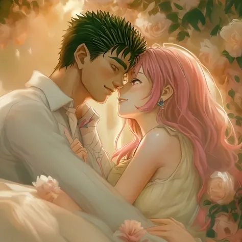 riamu,guts,couple,husband and wife,love dovey couple,sitting,hug,kiss,smile,masterpiece:1.2,ultra-detailed,realistic:1.37,portraits,vivid colors,warm tones,soft lighting,romantic,COZY, lush garden,flower petals,golden sunset,whispering breeze,sparkling eye...