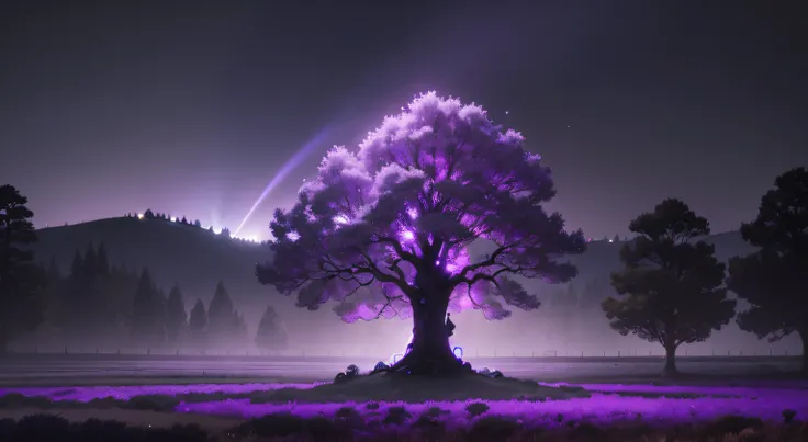 Bucolic and dark atmosphere, bioluminiscencia, Predominant purple color, luces y sombras, Una cama vieja en el suelo, Un viejo diario sobre la mesa, Fantastic Dream, Holographic particles in the air, detalles finos, Niebla colorida en el aire, 8k