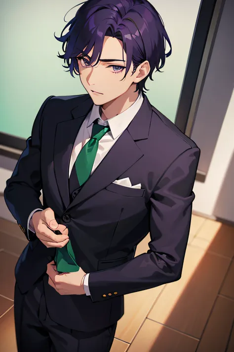 1man, boy, man, boy, man, handsome, sexy, dark purple hair, purple eyes, muscled, wearing a black blazer school uniform, green tie, classroom background