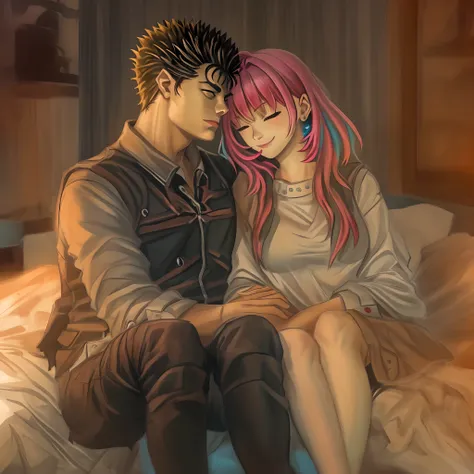 riamu,guts,couple,husband and wife,love dovey couple,sitting,hug,kiss,smile,masterpiece:1.2,ultra-detailed,realistic:1.37,portraits,vivid colors,warm tones,soft lighting