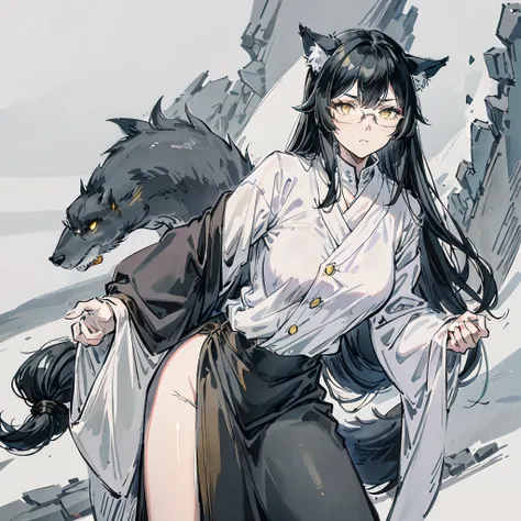 1woman, long black hair, yellow eyes, wolf ear, medium breast, quiet, flat face, glasses, white doctors clothes, neat, elegant, wolf tail, cool pose, cynical look,