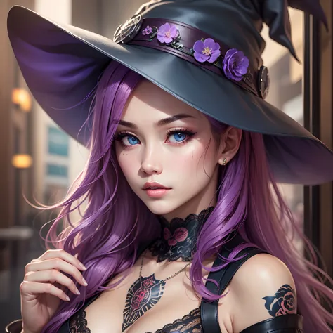 a witch girl (purple witch hat), dark and light skin, long red hair, blue eyes, perfect face, harajuku background, better lighting, better quality, realistic, cinematic photo, of a witch gangster from the Japanese cartel with tattoos Japanese yakuza, sexy ...