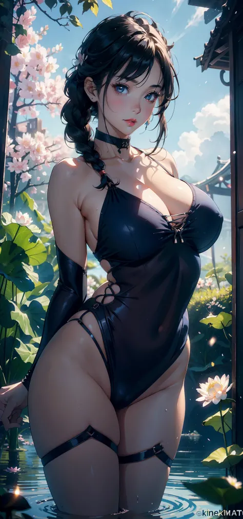 1female，35yo，plumw，extremely large bosom， 独奏，（Background with：lake，Cherry blossom forest，lotus flower）Lie underwater， She has short black hair，standing on your feet，seen from the front， Twist braids， mostly cloudy sky，（（（tmasterpiece），（Very detailed CG uni...