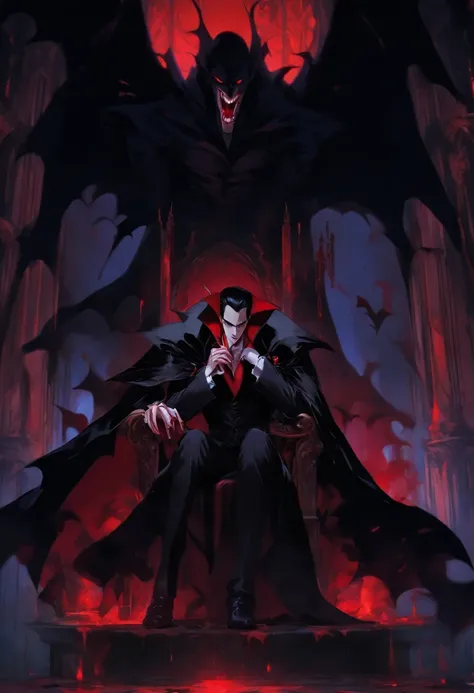 sfw, 8k, highres, intricate details, proper lighting, (dracula:1.2), vampire fangs visible, sitting on his throne, inside with (dim lit room:1.2), wearing (black long coat:1.2), (suit), with (a girl laying perpendicularly on his handrest:1.2), (blood dripp...