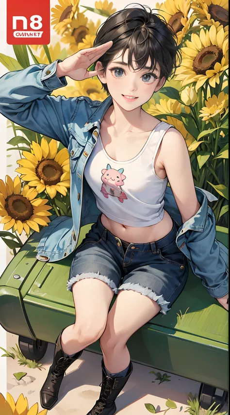 (Best Quality,4K,High resolution), Delicately expressed illustrations with realistic details，Boyish 18 year old girl，selfee，Looking at the camera、Point the camera up，Staring at this、Carefree smile，A lively smile，saluting，Boyish Belly Shorthair，short-haired...