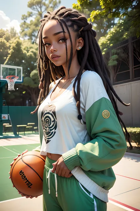 recreate her headshot with tamed dreads wearing a cardigan and a white tshirt with a lotus on it and jade green joggers while holding a basketball on a outdoor basketball court with trees and flowers in the background