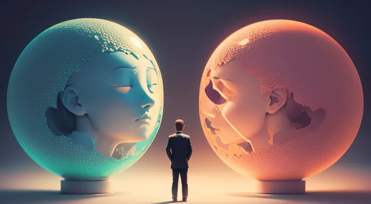 Show two individuals standing side by side. The one on the left, representing understanding, has thought bubbles filled with hasty judgments and conclusions. The one on the right, symbolizing perception, is surrounded by thought bubbles filled with peacefu...