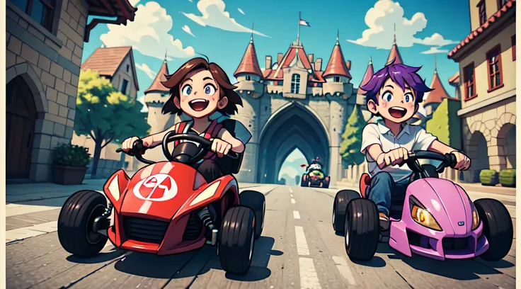 boy with purple hair and girl with brown hair、great laughter、racing on a kart machine、fun atmosphere、high-level image quality、ca...